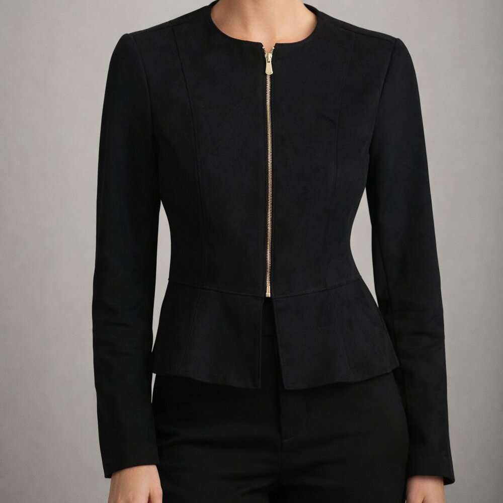 Black Suede A-Line Zip Up Blazer Business Office Chic Women's XS